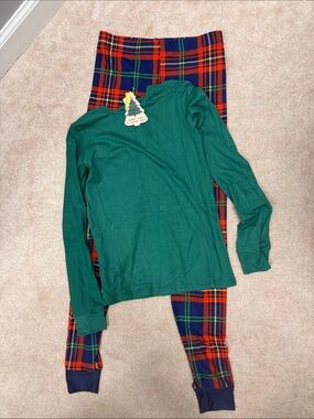 Kids Green Long-Sleeve Top and Plaid Pajama Pants Set